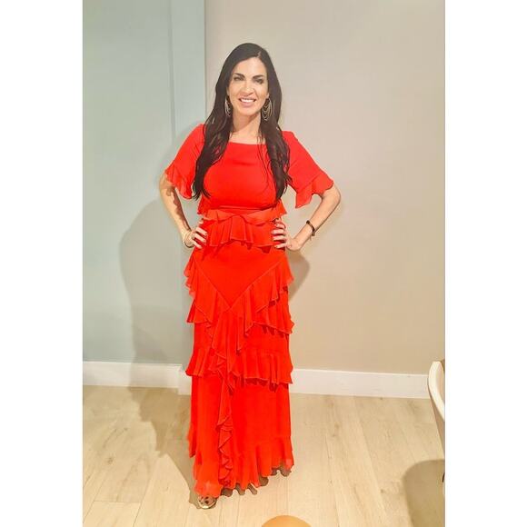 FAME & PARTNERS Red Chiffon Ruffle A-Line Mid-Cut Out Marse Gown Dress Size 2 - Picture 6 of 16